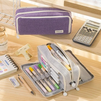 Текстилен молив случай Angoo ленено тип, чанта за химикалки с 3 отделения, чанта за съхранение, органайзер за канцеларски материали, училищен A7551