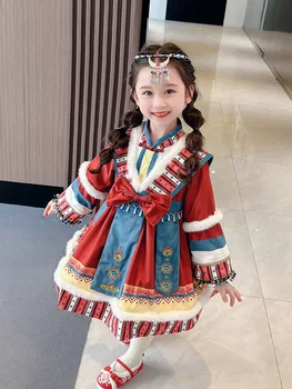 Коледна облекло В Етнически Стил За момичета Hanfu, Детска Есенно-Зимна Пола Екзотична Принцеса С Добавянето на Кадифе За Момичета