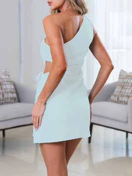 Жена лятно мини-рокля за парти без ръкави, с едно рамо, однотонное рокля над коляното