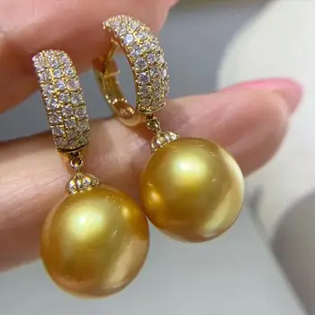 Натурален АААА 10-11 мм злато на Южнокитайско море, кръгли перлени обеци 925S fine jewelryJewelry Производство