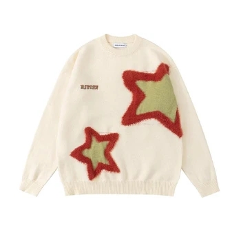 Пуловер за отношение в стил ретро Harajuku със звездна флокированием, пуловер оверсайз, сгъстено мъжки Женски свободни разнообразни ежедневни пуловери