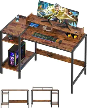Компютърно бюро - 39-инчов Игрална маса, Домашен Офис бюро с Място за съхранение на вещите си, Малко бюро с Поставка за монитор, бюро в Селски стил за 2-ма души