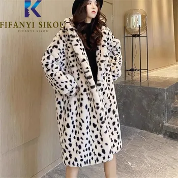 Кожа яке с леопардовым принтом, женски Гъст Топло Зимно Дълго Плюшевое палто с качулка, 2023, Нова мода, Свободна дамско палто от изкуствена кожа заек,