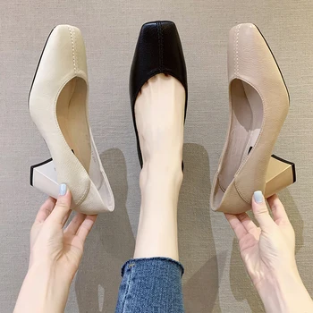 Новост есента 2023, Професионални дамски работни обувки на висок дебел ток, прости фини обувки с квадратни пръсти.