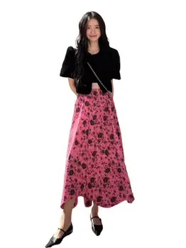 Лятна мода памучен панталон с вълнообразни асимметрией и висока талия, пролетни нагънат плажни поли впечатлява със своя бохемски стил, реколта поли с флорални принтом рози 6XL