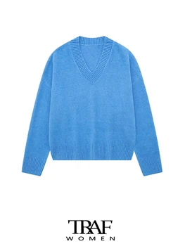 ТРАФИКА на Дамска мода Големи Меки на пипане вязаный пуловер Реколта дамски пуловери с V-образно деколте и дълъг ръкав Шик Върховете