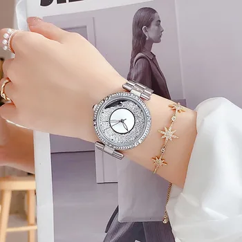 Висок клас марка Дамски часовници Клас Лукс с диамантен пръстен, 33 Мм, Голям циферблат, Кварцов механизъм Водоустойчив, Японски Механизъм, Кожена Ръчен часовник Relogio