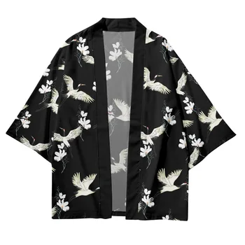 Жилетка-кимоно с флорални принтом Журавля, мъжки японски Традиционните всекидневни Свободен Тънък комплект, палта, панталони, Азиатски облекло Harajuku