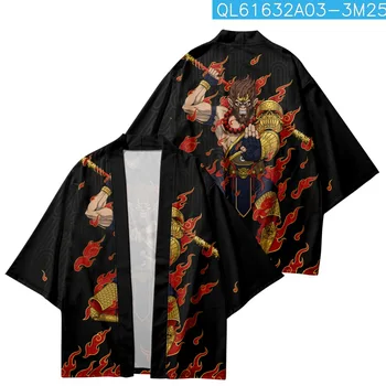 Японски черна жилетка, мъжки костюм самурай, яке, мъжка риза-кимоно с принтом Крал на маймуните, дрехи Юката Хаори