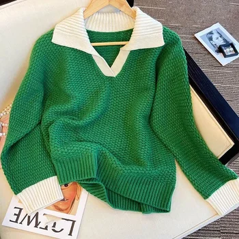 ITOOLIN Есен-зима, женски топъл пуловер в стил мозайка с дълъг ръкав, V-образно деколте, зелен сладък пуловер за жени, всекидневни свободен пуловер 2023