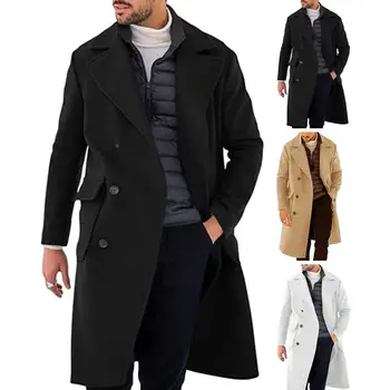 Есен мъжко палто, стилно мъжко двубортное палто със средна дължина, топла яка с ревери, Монофонични свободен приятелка за есен /зима