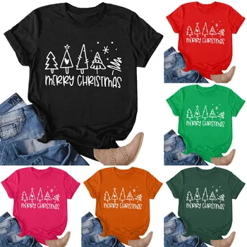 Голям Коледен Женски кръгъл отвор, Основен топ, Хлопчатобумажный принт, Свободна тениска, Ежедневни памучни тениски с дълъг ръкав