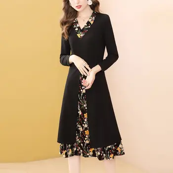 Дамски дрехи с винтажным принтом в стил мозайка, черни пуловери с дълги ръкави и V-образно деколте, ежедневни Корейски модни дебнещ темпераментни рокли
