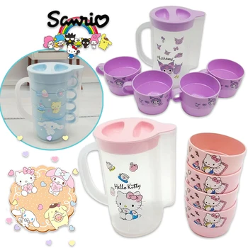 Комплект От 5 теми Sanrio Hello Kitty Пластмасова Кана За Студена Вода Kuromi Cinnamoroll Домашна машина За Студена Вода, Определени За Пиене на Чай 1000 МЛ