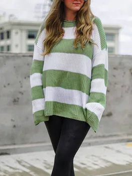Жена пуловер оверсайз Y2k, всекидневни вязаный пуловер с дълъг ръкав и кръгло деколте, потник с принтом в лента, Без жилетка