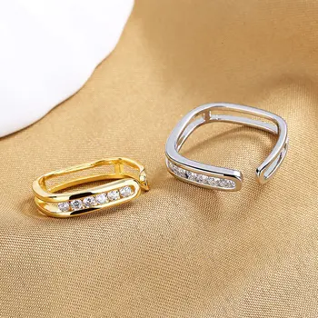 Пръстен от сребро S925, злато/сребро, просто квадратно отворен пръстен с цирконием за жени, модни очарователни декорации за сватбени подаръци