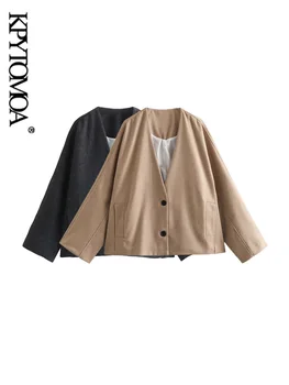 KPYTOMOA Женска вълна яке оверсайз, палта с дълъг ръкав, копчета отпред, Дамски връхни дрехи, Луксозни блузи, мода