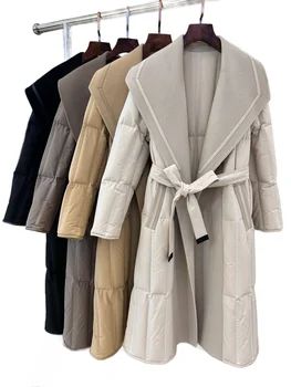 Нов двустранен ревера от гъши пух с пухени дълго палто, колан на ревера, топло дамско палто с различни цветове в европейския и американския стил.