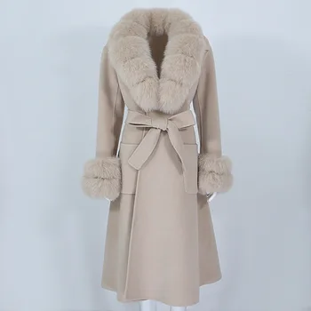 Висококачественото двустранно кашемировое вълна палто За жени 2023, Новата есенно-зимна Вълна ветровка с яка от лисьего кожа, Дълга, тънка