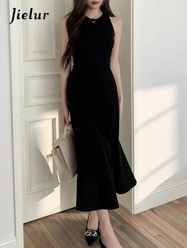 Jielur, Черни Елегантни дамски рокли без ръкави, с тънка талия, стегнати бедра, однотонное-секси вечерна рокля с кръгло деколте-тромпет