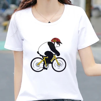 2019 Нова тениска с принтом сладък животни на колелото, дамски модни тениска Harajuku с къс ръкав, Бяла тениска с тънка цепка, потници, облекло