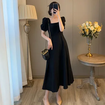 Gidyq, женствена черна рокля трапецовидна форма, Лятното модно елегантна рокля midi, Корейското-Секси бална рокля с висока талия, рокли с пищни ръкави