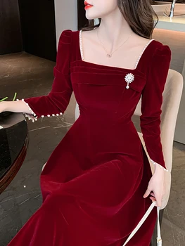 Есенно-зимния Червено бархатное Секси рокля Midi, расшитое мъниста, Дамско Луксозно Выпускное Луксозна Вечерна рокля Vestidos 2023, Корейското елегантна сватбена рокля