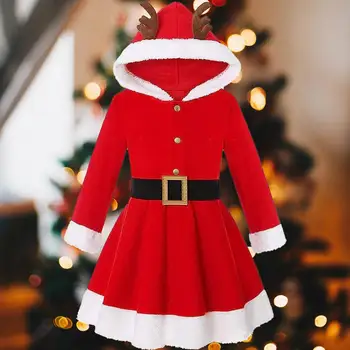 Червено Коледна рокля с Нова рокля за Коледната елха с качулка и дълъг ръкав, рокля за коледните изпълнения на сцената с лосем