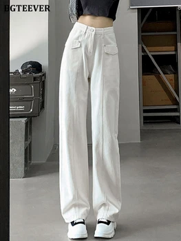 Летни свободни джобове BGTEEVER 2022, дънкови панталони с широки штанинами дължина до пода, Стилни дамски директни дънкови панталони с висока талия