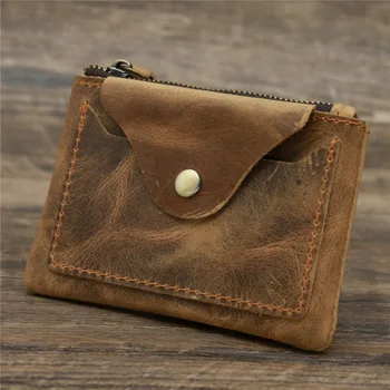 Ретро мъжки портфейл за монети от телешка кожа, малък портфейл с цип с държач за карти, къса чанта за монети от естествена кожа, чанти за мъже с високо качество