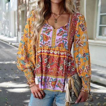 Ежедневните свободни плажни блузи в стил бохо, реколта блуза с дълъг ръкав, есенни блузи от памук и вискоза с флорални принтом, Ризи, дамски блузи