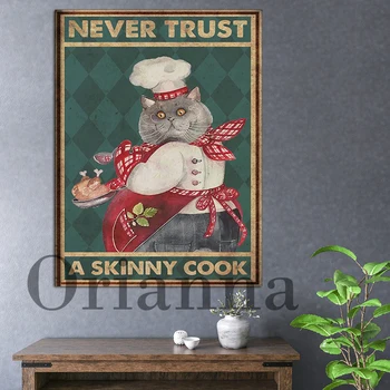 Никога не се доверявайте на тънък готвач, Реколта щампи с котки и печени пилета, плакати, Забавни рисувани стени на кухнята в съвременния си площ