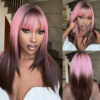 Розово-кафяв директен синтетични перука Омбре, дълъг Cosplay-перука с бретон за черни жени, ежедневни парти, натурални режийни косата, Топлоустойчиви