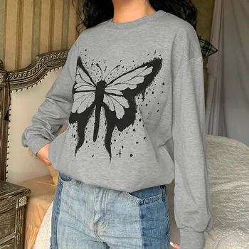 Hoody PASSIONNÉ с принтом пеперуда, Женски Свободен пуловер с кръгло деколте и дълъг ръкав, дамски ежедневни мода 2023, Новостите на есен