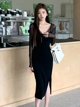 Годишният Френски жена монтиране комплект Миди-рокли, Всекидневни Женски Черен мрежест халат 2023 Секси Дама на Нови Единични Обикновена рокля Vestidos Maxi