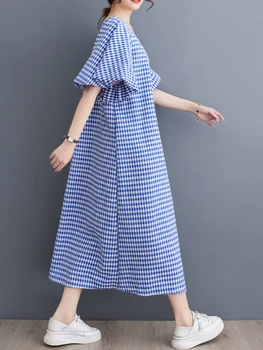 Нови летни рокли за жените 2023 Корейски каре СВОБОДНИ дълги рокли Градинска дамски дрехи Елегантна винтажное рокля Midi