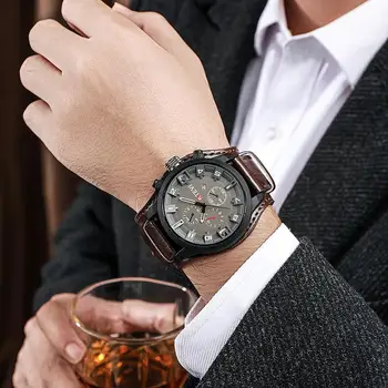 Мъжки часовник в ретро стил, класическа луксозни бизнес кварцов часовник с кожена каишка, модерен кожена каишка с голям циферблат, който носи изключително удобен