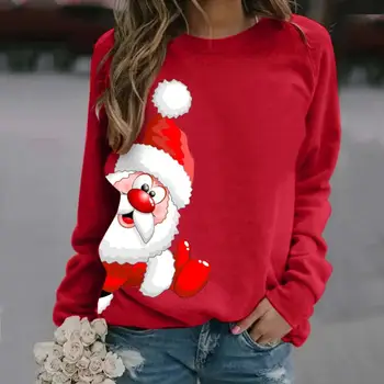 Спортна риза с дълъг ръкав, отгоре с Дядо Коледа, дамски пуловер с 3D печат, Коледно зимен пуловер с кръгло деколте, най-пуловер