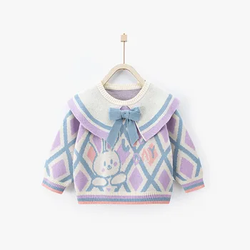 Лилаво, розово детски пуловер, детски пуловер за момичета, сладък пуловер за деца на средния и малък на възраст, плетене на дъното