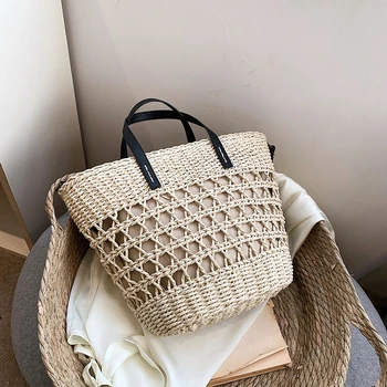Модни Куха чанта от ратан за жени 2023, лятната сламена плажна чанта, Дизайнерска чанта през рамо за пътуване с голям капацитет
