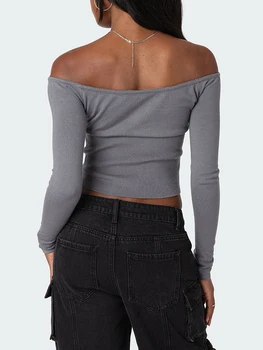 Дамски трикотажни блузи Y2k с открити рамене, монтиране пуловер с дълги ръкави, блузи, пуловери в рубчик, пуловер