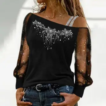 Жените риза, страхотна блуза с пайети и кристали, прозрачна мрежа, диагонално яка в стил мозайка, голям размер, един женски топ на есен-пролет, свободен