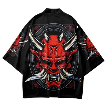 2023 Японски традиционни дрехи, черно кимоно и къси панталони с принтом Демон, мъжко яке в стил ретро Юката азиатската мода Харадзюку