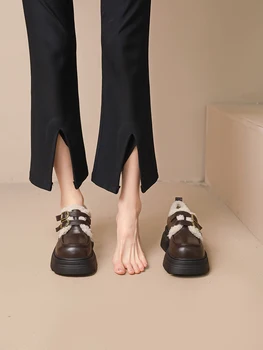 Дамски обувки, Есенни oxfords, сабо с каишка и катарама, ежедневни дамски обувки на платформа с кръгло бомбе, есенни кожени маратонки на равна подметка в британския стил.