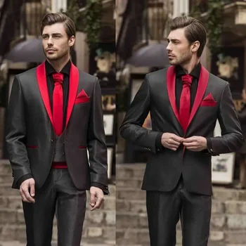 Черни мъжки сватбени смокинги, оборудвана приятелка, Червен шал с ревери, панталони за младоженеца, костюми от 3 теми, Официален бизнес блейзър за най-добрите мъже