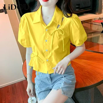 2023 Нови пролетно-летни блузи, дамски однобортные блузи с къс ръкав, Офис женски обикновена риза в корейски стил