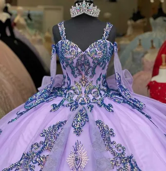 Прекрасни буйни рокли лавандула цвят, бродирани с пайети и аппликацией, Vestidos De 15 Anos Sweet 16, бална рокля за бала.