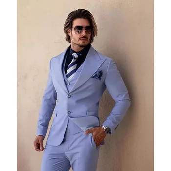 2023 Нови Сватбени Мъжки светло сини костюми с отворотами, бизнес Случайни Официален костюм Homme Slim Fit, комплект от 3 теми, яке, жилетка, Панталони