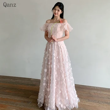 Qanz/ Нови Розови рокли за бала трапецовидна форма, женски Фатиновое Дълго празнична рокля с открити рамене, сексуална клуб рокля в корейски стил с 3D цветя