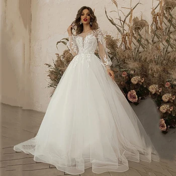 Страхотен секси бална рокля с дълъг ръкав и дълбоко V-образно деколте без облегалка, Разкошни сватбени рокли за миене на пода 2023, Луксозна сватбена рокля на принцеса